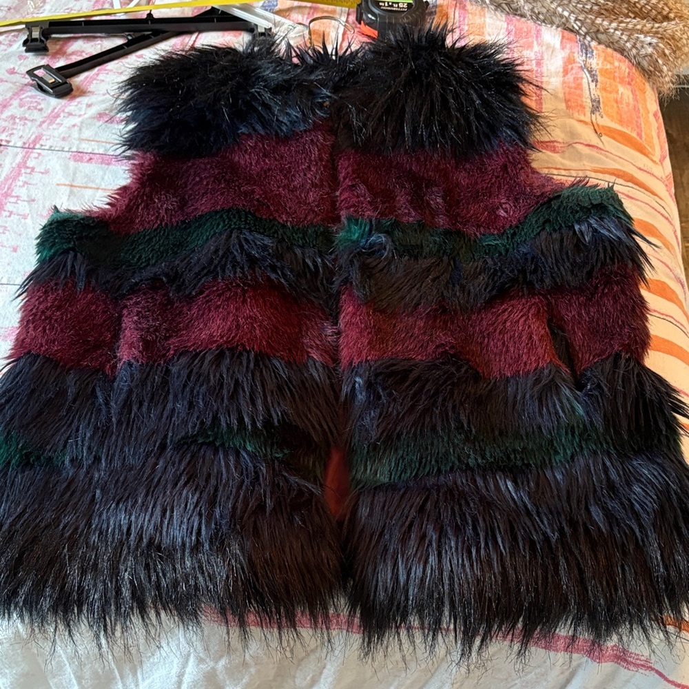 Ganni Bini Black and Red Faux Fur Vest